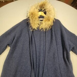 Brodie Cardigan Cashmere Blend‎ Faux Fur Collar Open Front Womens L/XL Navy Boho